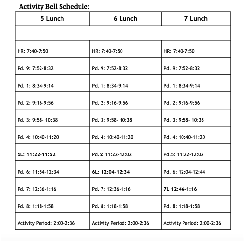Activity Day Bell Schedule